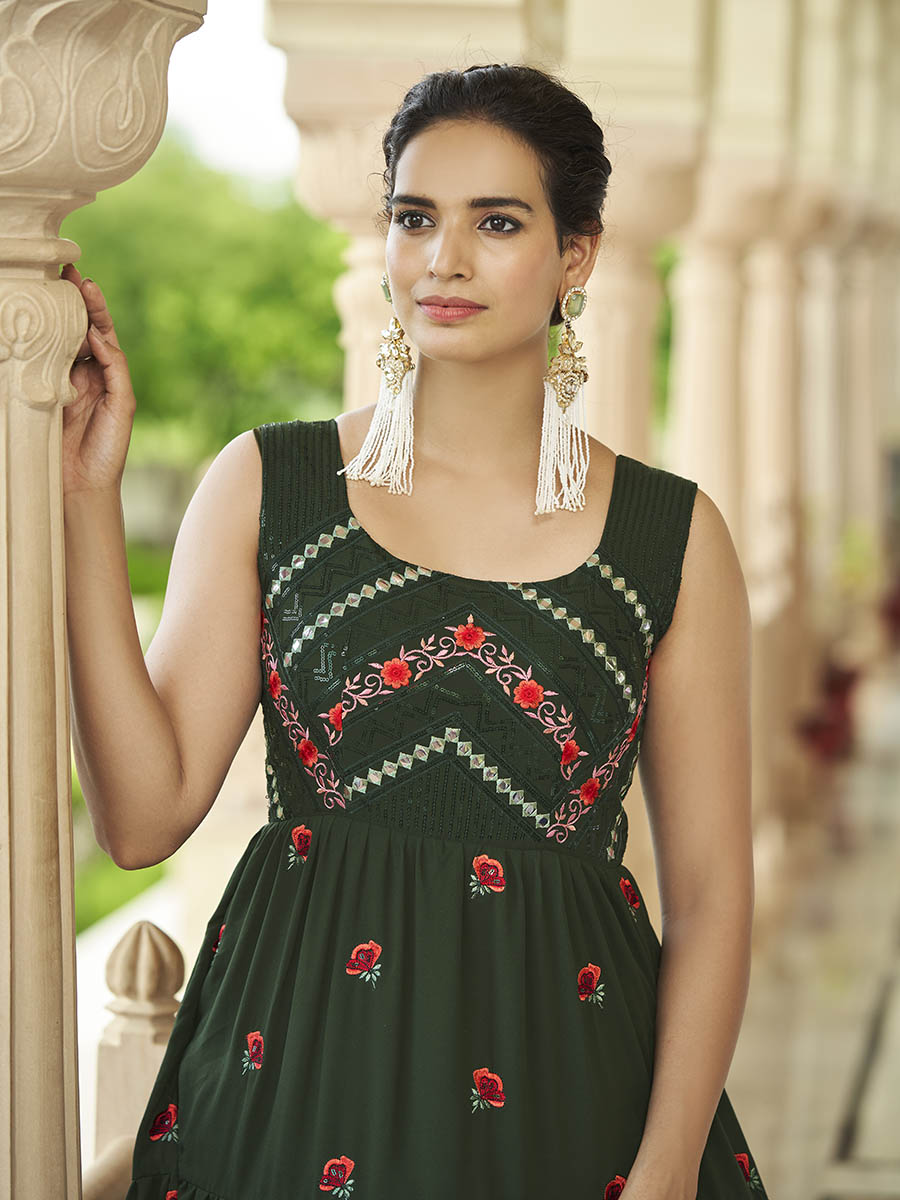 Myra Olive Green Georgette Embroidered Gown - Distacart