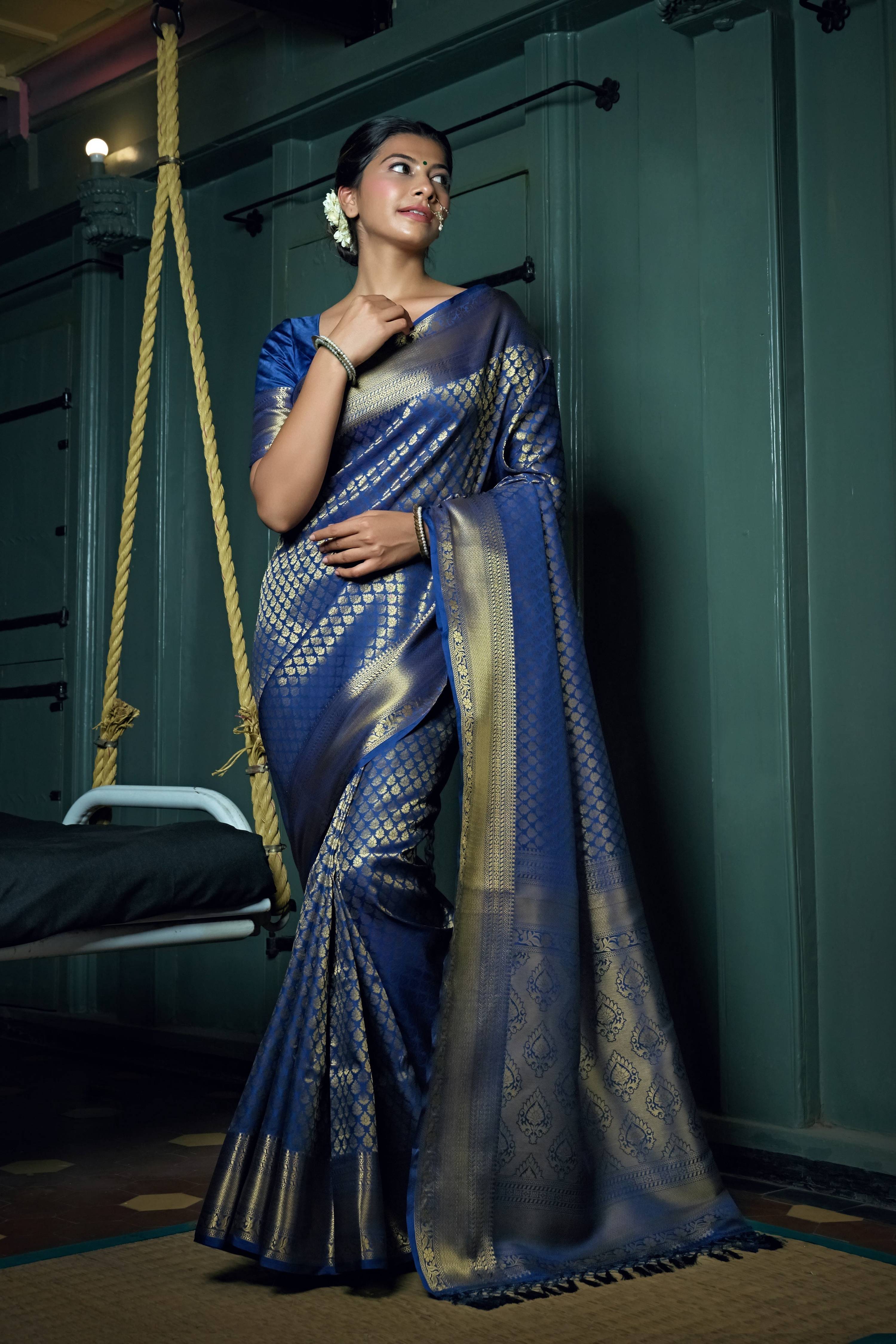 Vardha Cobalt Blue Golden Zari Kanjeevaram Silk Saree