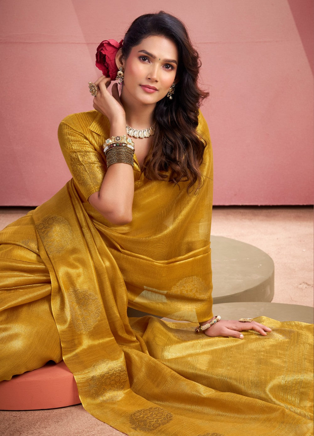 Anaita Mustard Silk Tissue Zari Weaving Work Saree With Blouse Piece - Distacart