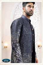 Joban Fashion Men's Blue Straight Silk Thread And Sequence Embroidery All Over 3 Pc Kurta Set