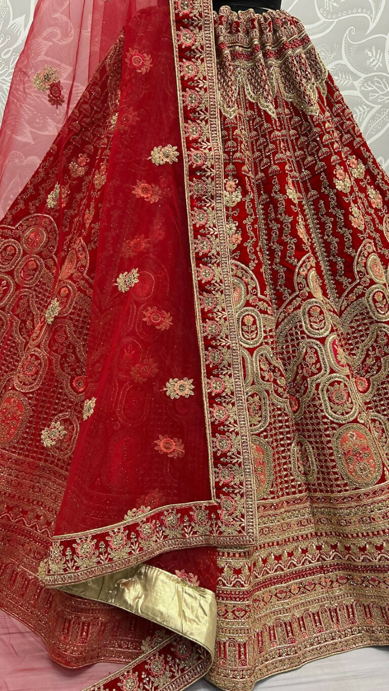 Jyoti Fashion Women's Red Velvet Multi Thread Embroidered with Zircon Diamond Wedding Lehenga Choli