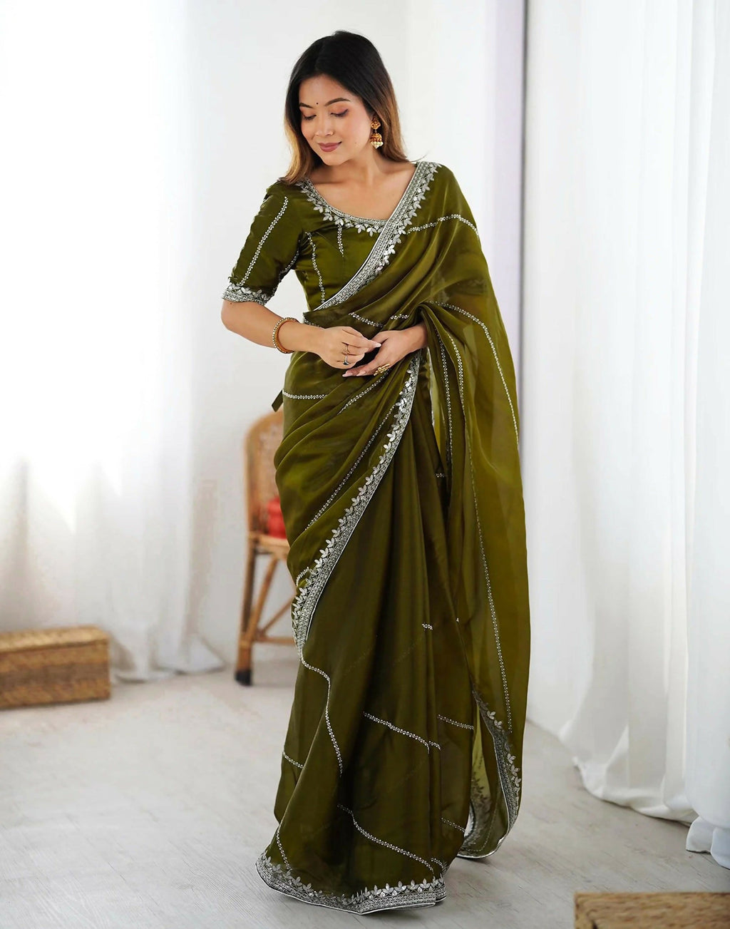 Joban Fashion Tissue Silk Olive Green Color Embroidery Saree - Distacart