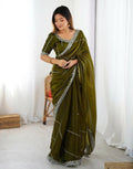 Joban Fashion Tissue Silk Olive Green Color Embroidery Saree - Distacart