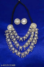 Tehzeeb Creations Women's Silver Colour Oxidised Necklace Set With Mirror Work