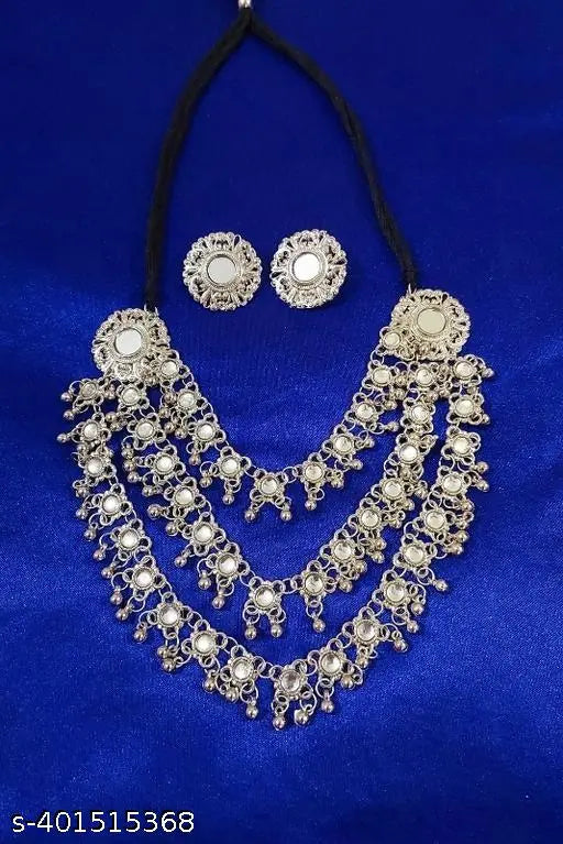 Tehzeeb Creations Women's Silver Colour Oxidised Necklace Set With Mirror Work