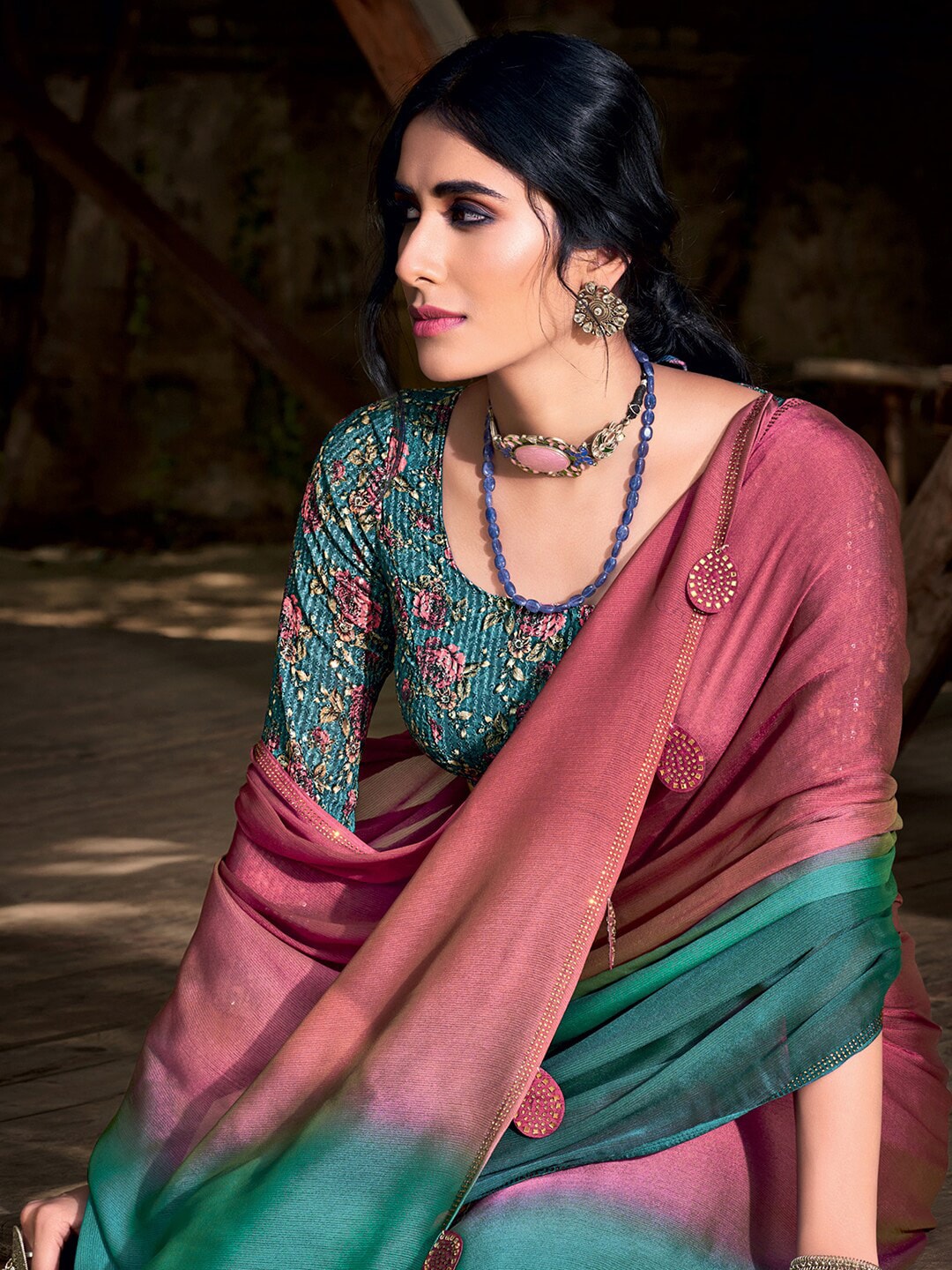 Saree Mall Mauve & Turquoise Blue Ombre Embellished Sarees - Distacart
