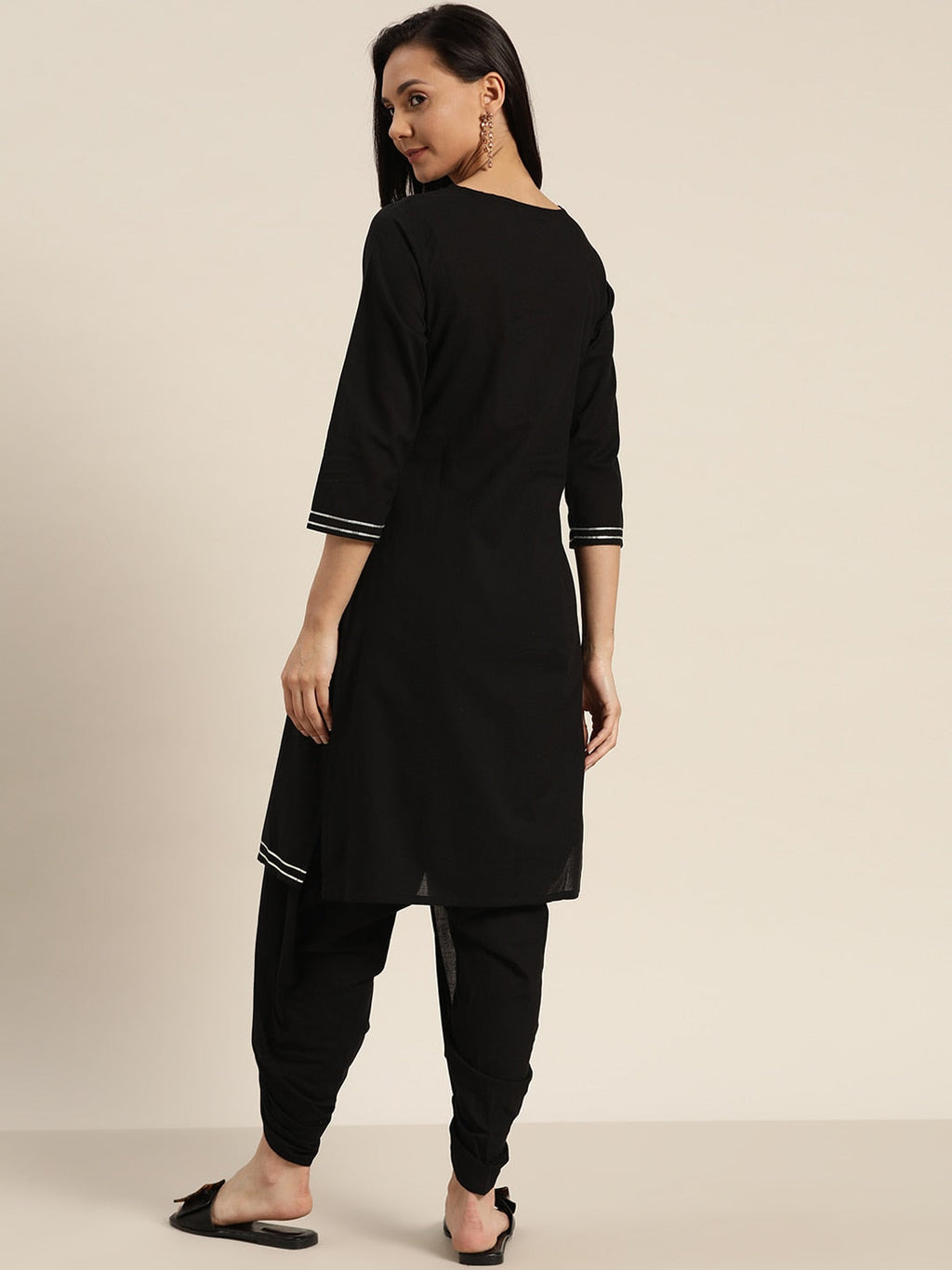 Sangria Women Black & Peach-Coloured Cotton Embroidered Straight Kurta with Dhoti Pants