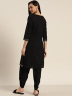 Sangria Women Black & Peach-Coloured Cotton Embroidered Straight Kurta with Dhoti Pants