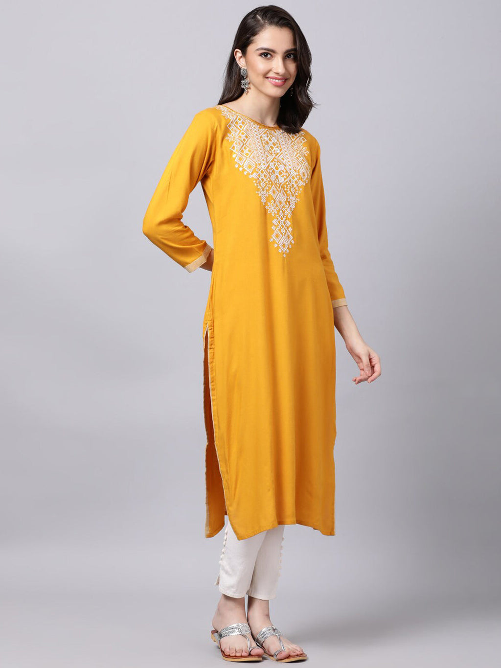 Souchii Women Tan & White Geometric Yoke Design Thread Work Grandeur & Majestic Artwork Kurta - Distacart
