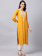 Souchii Women Tan & White Geometric Yoke Design Thread Work Grandeur & Majestic Artwork Kurta - Distacart