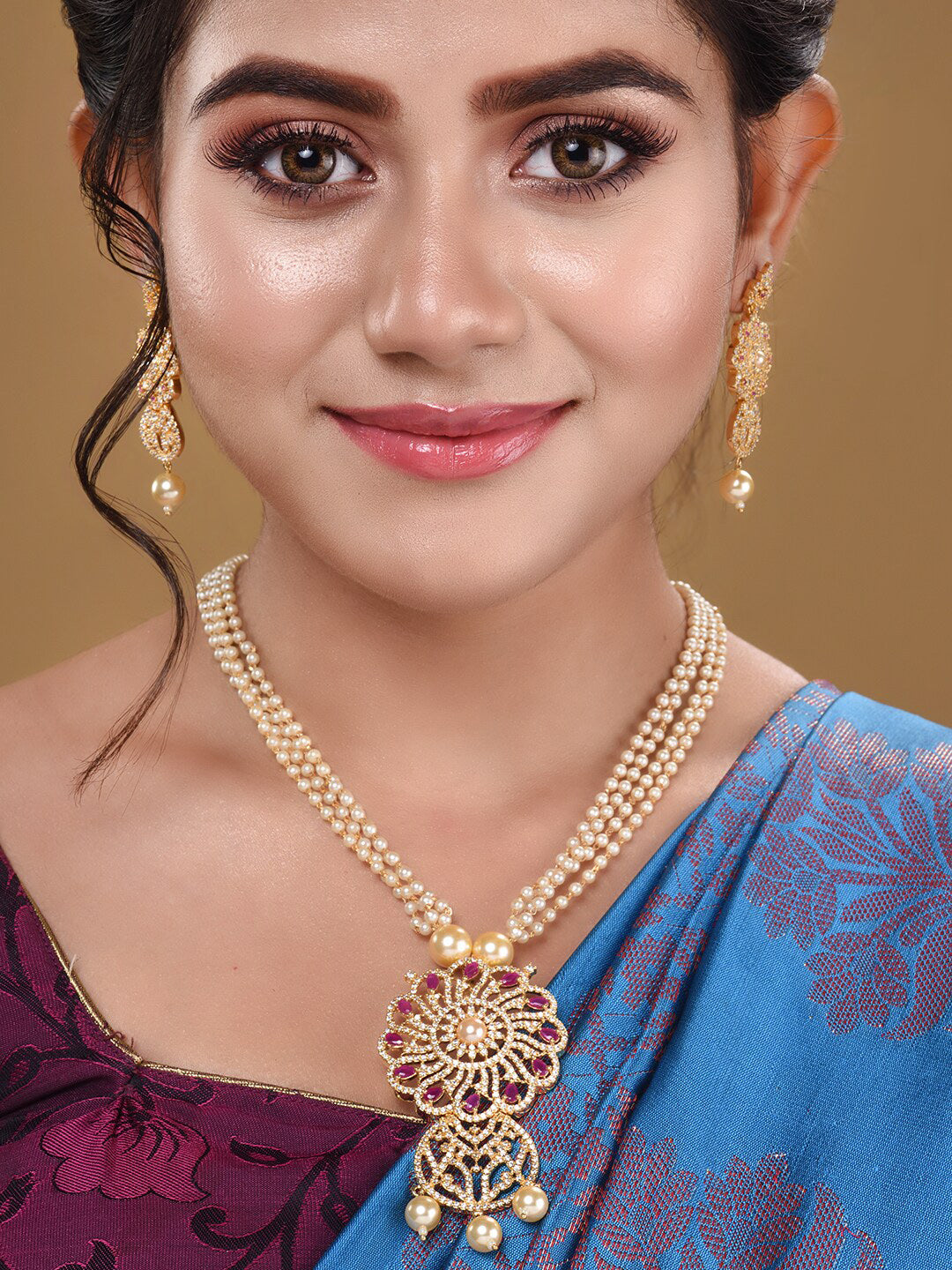 Saraf RS Jewellery Gold-Plated White & Pink American Diamond Studded & Beaded Handcrafted Set - Distacart