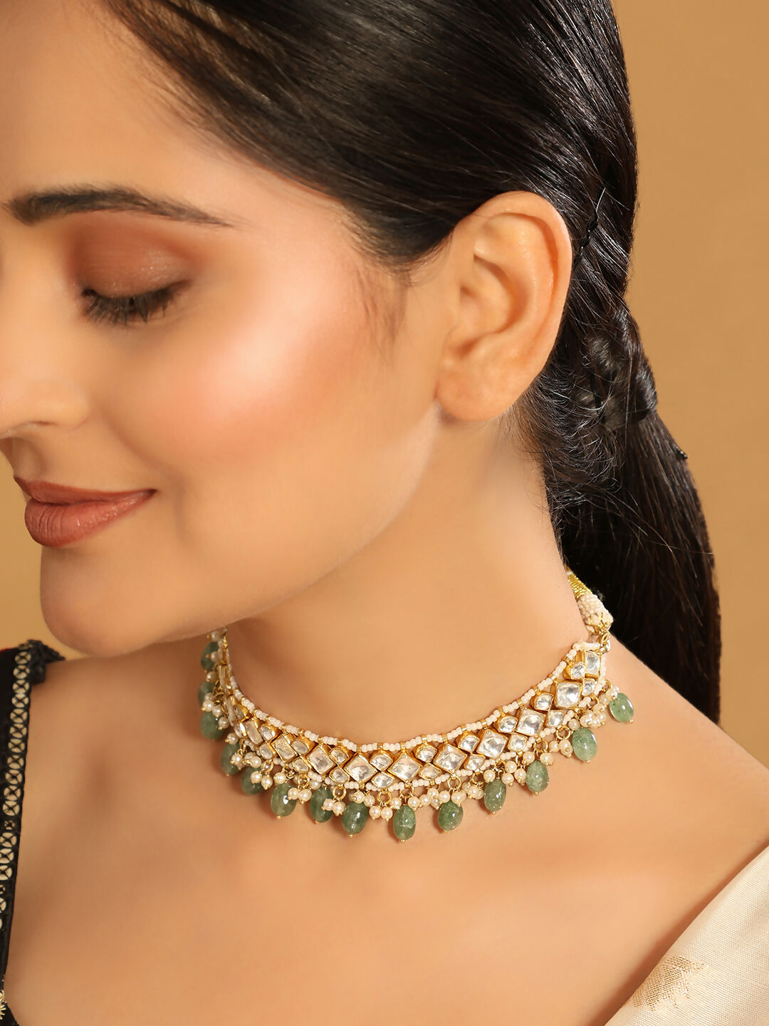 Nuyug 22K Gold Plated Royal Kundan Necklace with Green Stones
