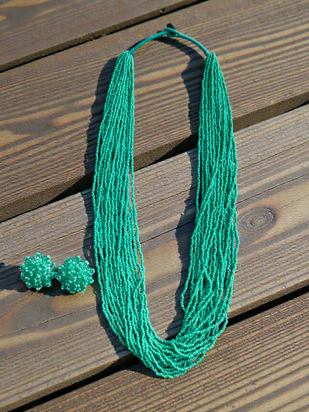 Inhanns Rangsaaz 20-Layer Luxe Long Beaded Necklace (With Optional Statement Earrings) - Sea Green With Earring
