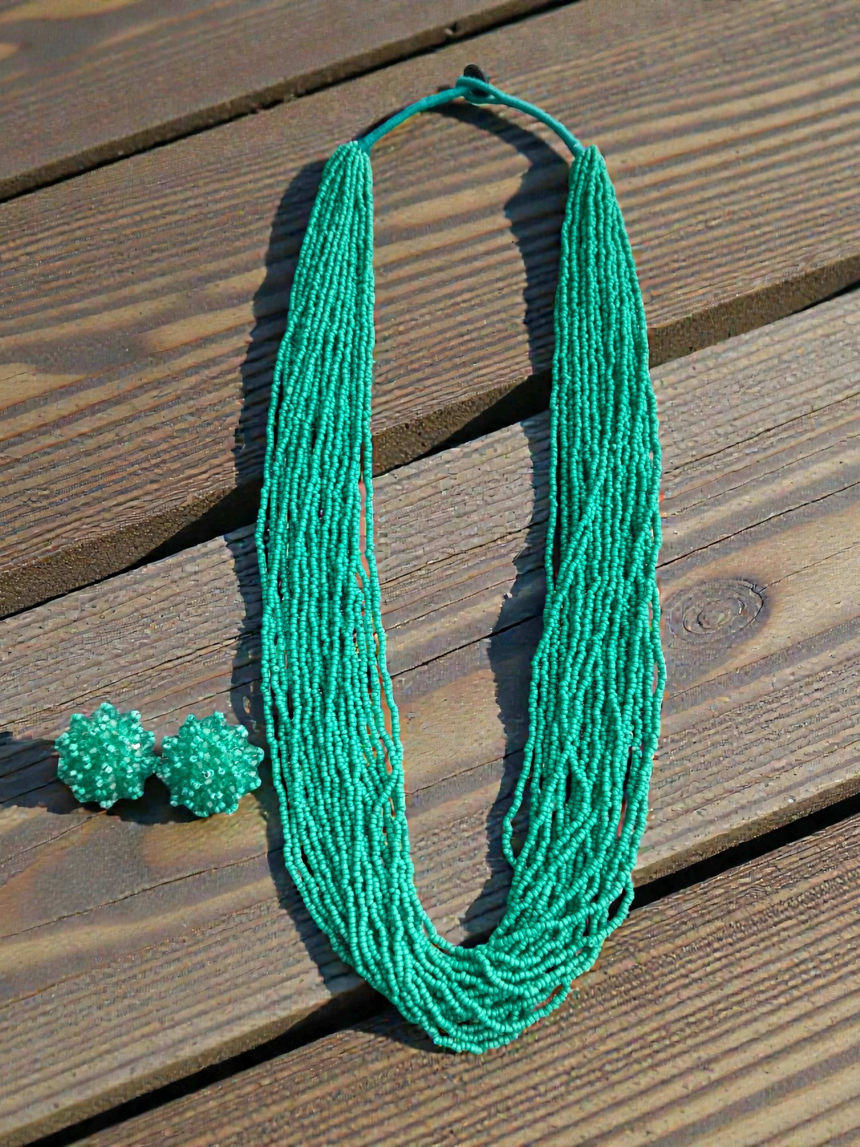 Inhanns Rangsaaz 20-Layer Luxe Long Beaded Necklace (With Optional Statement Earrings) - Sea Green With Earring