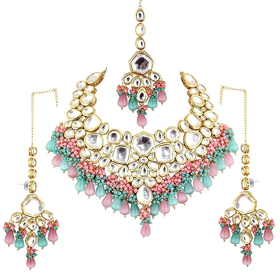 Tehzeeb Creations Meenakari Gold-Polished Multi Color Uncut dibbi Kundan Combo Necklace Set For Women