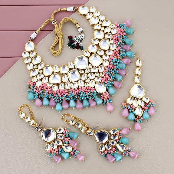 Tehzeeb Creations Meenakari Gold-Polished Multi Color Uncut dibbi Kundan Combo Necklace Set For Women