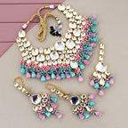 Tehzeeb Creations Meenakari Gold-Polished Multi Color Uncut dibbi Kundan Combo Necklace Set For Women