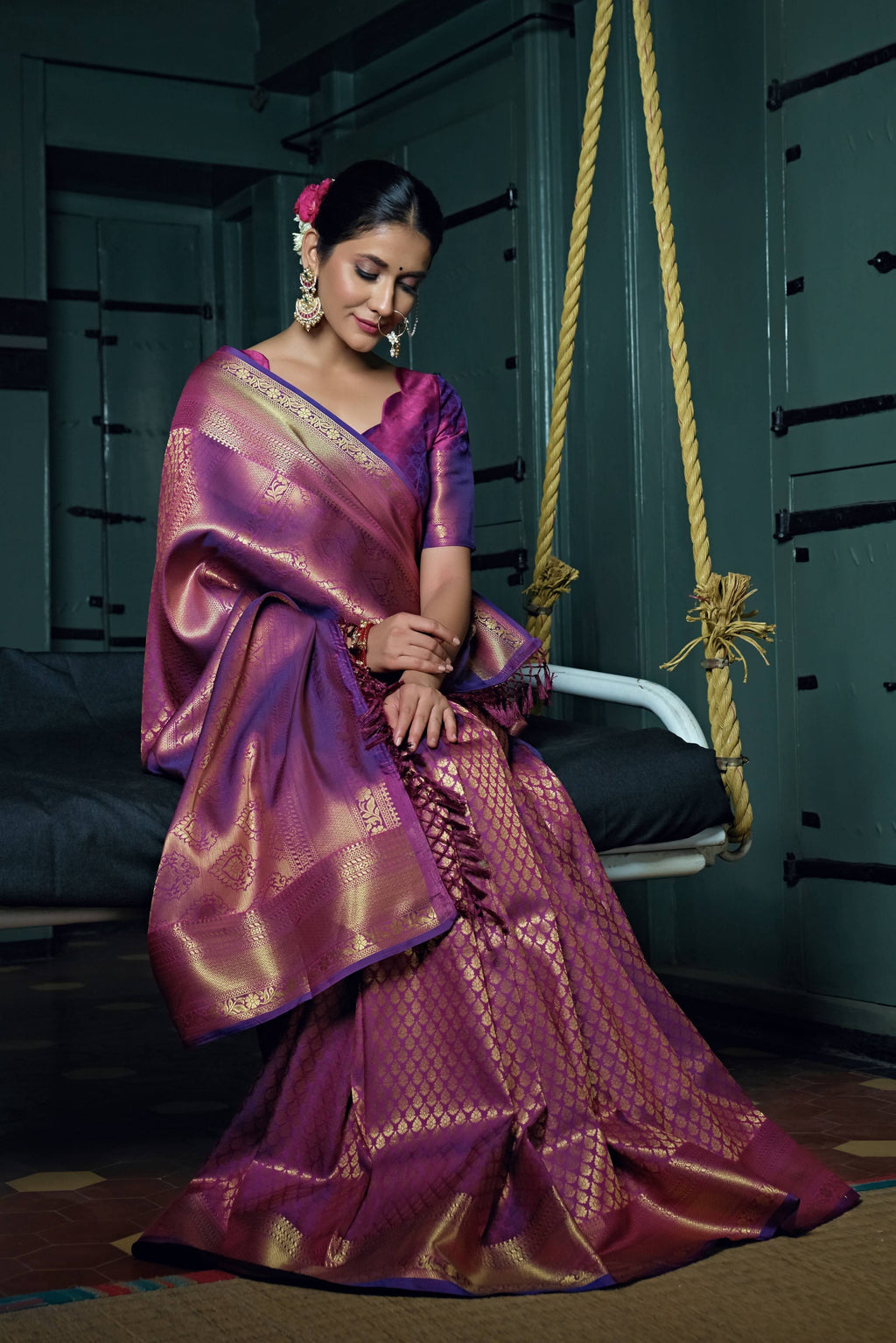 Vardha Mauve Purple Golden Zari Kanjeevaram Silk Saree
