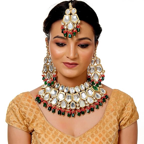 Tehzeeb Creations Back Meenakari Gold-Polished Multicolor Color Tika Earring Jewellery Set Uncut Big Faux Kundan Dibbi Kundan Choker Necklace Set