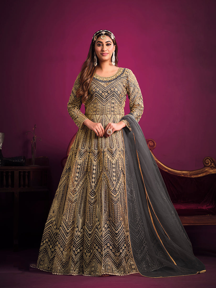 Monjolika Fashion Grey Sangeet Net Designer Salwar Suit - Distacart