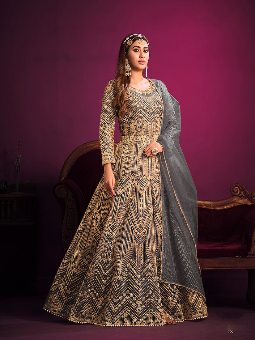 Monjolika Fashion Grey Sangeet Net Designer Salwar Suit - Distacart