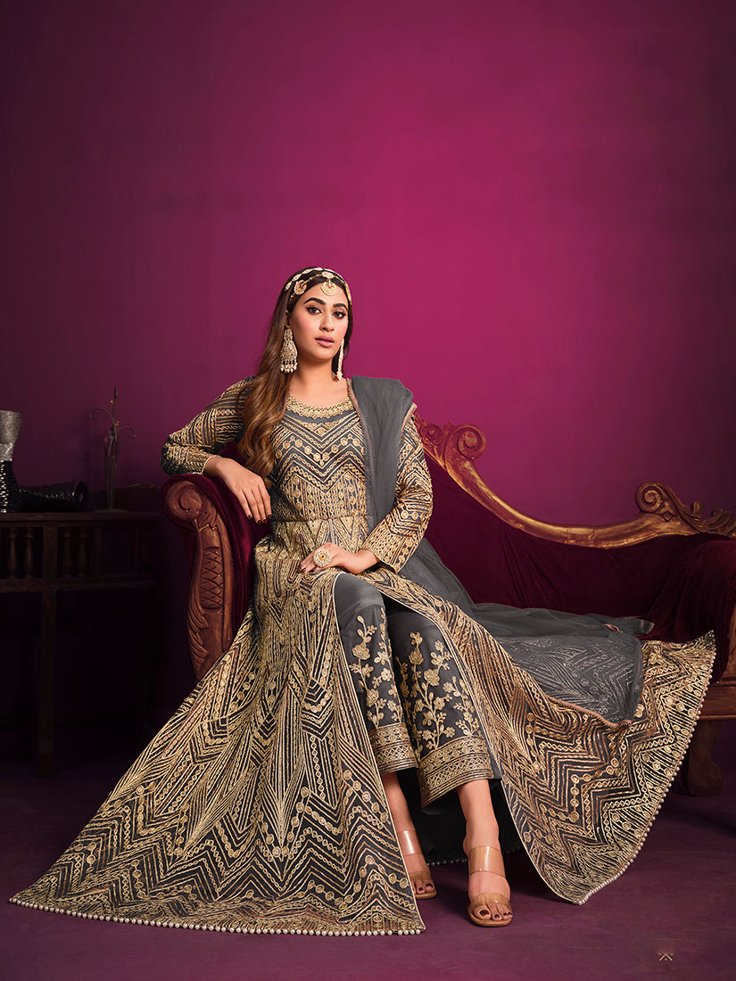 Monjolika Fashion Grey Sangeet Net Designer Salwar Suit - Distacart