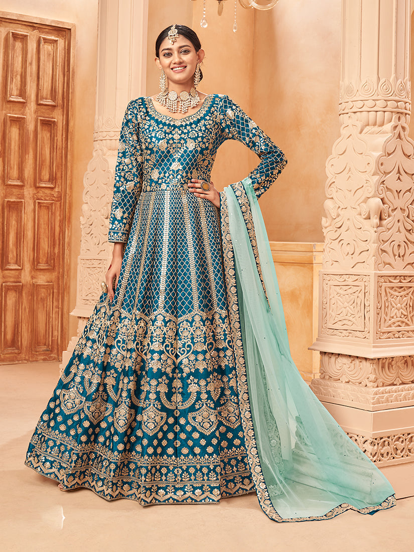 Monjolika Fashion Teal Color Art Silk Embroidered Anarkali Salwar Kameez - Distacart
