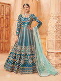 Monjolika Fashion Teal Color Art Silk Embroidered Anarkali Salwar Kameez - Distacart