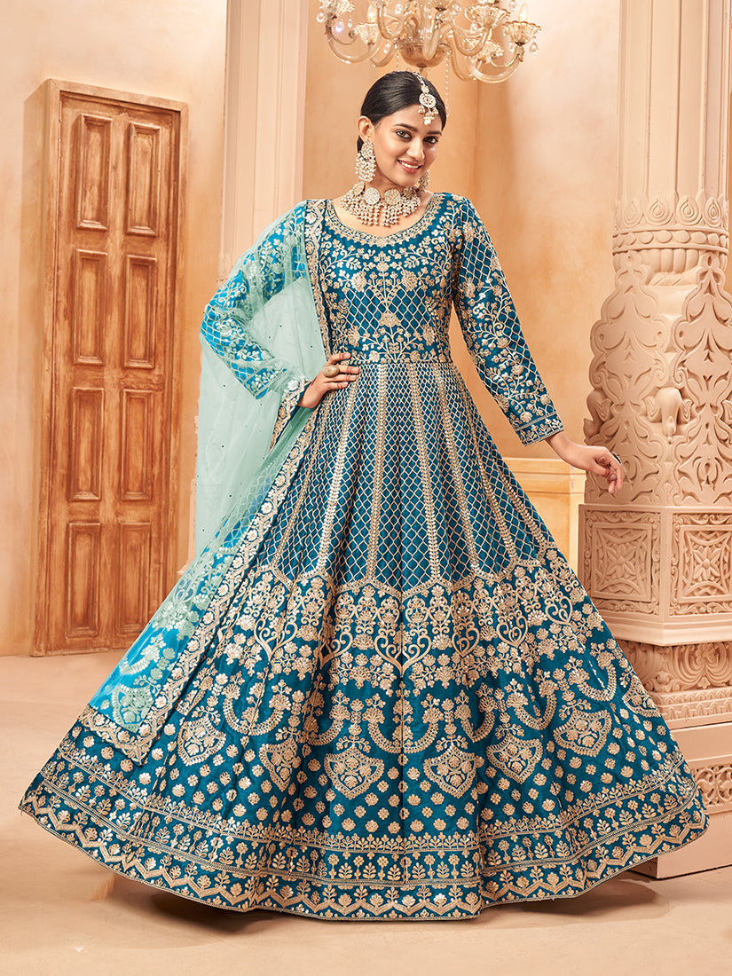 Monjolika Fashion Teal Color Art Silk Embroidered Anarkali Salwar Kameez - Distacart