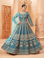 Monjolika Fashion Teal Color Art Silk Embroidered Anarkali Salwar Kameez - Distacart