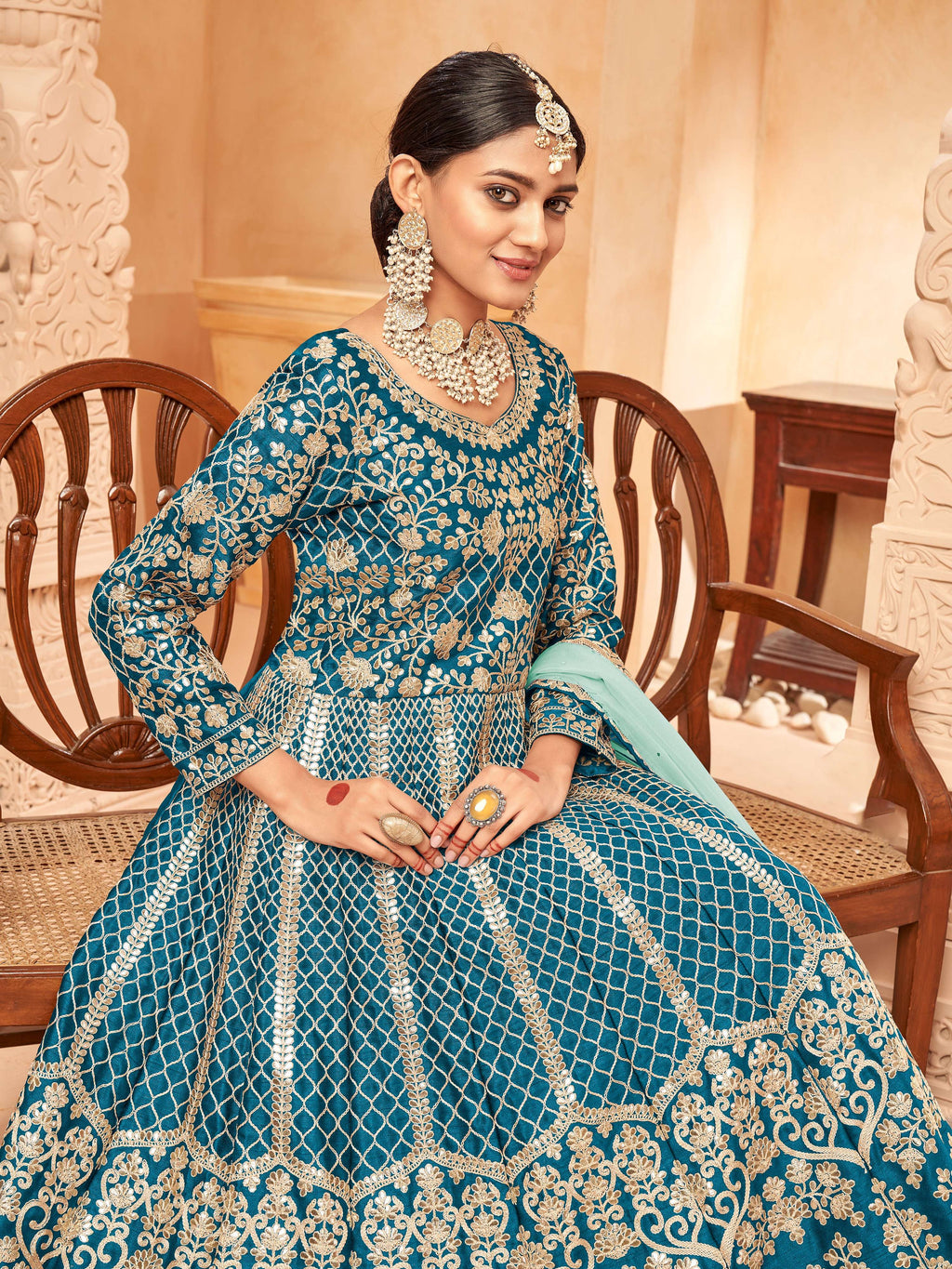 Monjolika Fashion Teal Color Art Silk Embroidered Anarkali Salwar Kameez - Distacart