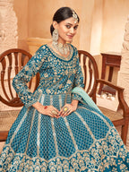 Monjolika Fashion Teal Color Art Silk Embroidered Anarkali Salwar Kameez - Distacart