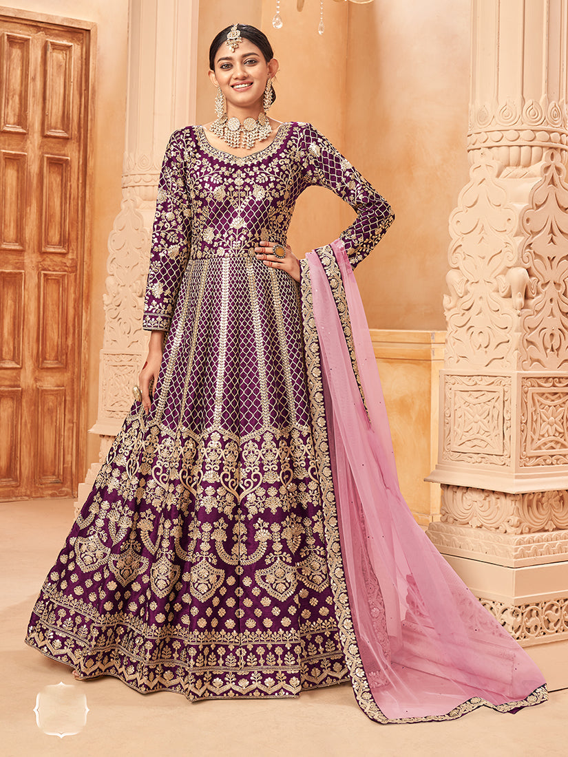 Monjolika Fashion Purple Color Art Silk Embroidered Anarkali Salwar Kameez - Distacart