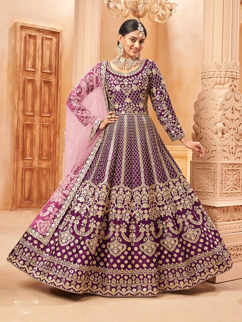 Monjolika Fashion Purple Color Art Silk Embroidered Anarkali Salwar Kameez - Distacart