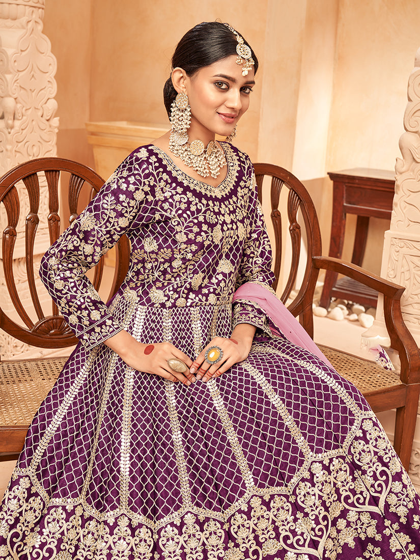 Monjolika Fashion Purple Color Art Silk Embroidered Anarkali Salwar Kameez - Distacart