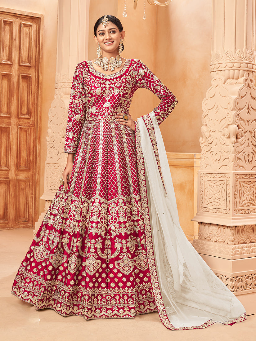 Monjolika Fashion Rani Pink Color Art Silk Embroidered Anarkali Salwar Kameez - Distacart