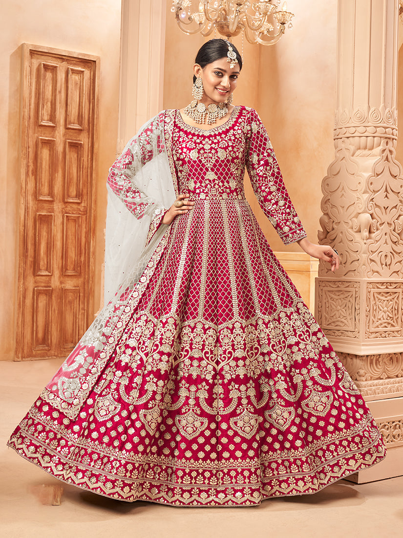 Monjolika Fashion Rani Pink Color Art Silk Embroidered Anarkali Salwar Kameez - Distacart