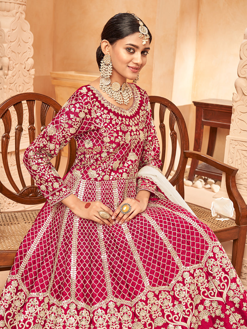 Monjolika Fashion Rani Pink Color Art Silk Embroidered Anarkali Salwar Kameez - Distacart