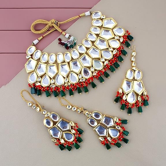 Tehzeeb Creations Back Meenakari Gold-Polished Multicolor Color Tika Earring Jewellery Set Uncut Big Faux Kundan Dibbi Kundan Choker Necklace Set
