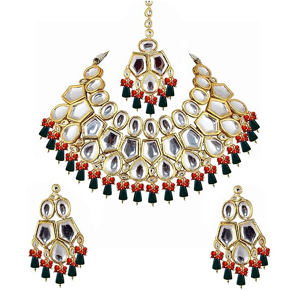 Tehzeeb Creations Back Meenakari Gold-Polished Multicolor Color Tika Earring Jewellery Set Uncut Big Faux Kundan Dibbi Kundan Choker Necklace Set