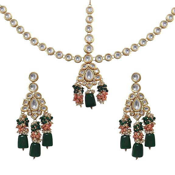 Tehzeeb Creations Gold-Polished Multicolor Kundan Stone/Uncut Kundan/Dibbi Kundan/Meena Kundan/Lucknow Kundan Bridal Set for Girls & Women
