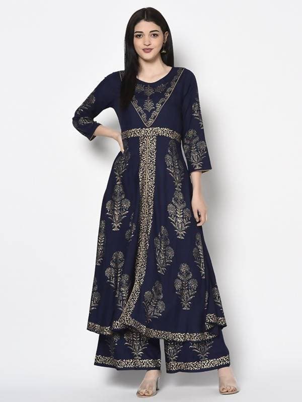 Aniyah Rayon Navy Blue Color Gold Print Flared Slip-On Palazzo (AN-193K)
