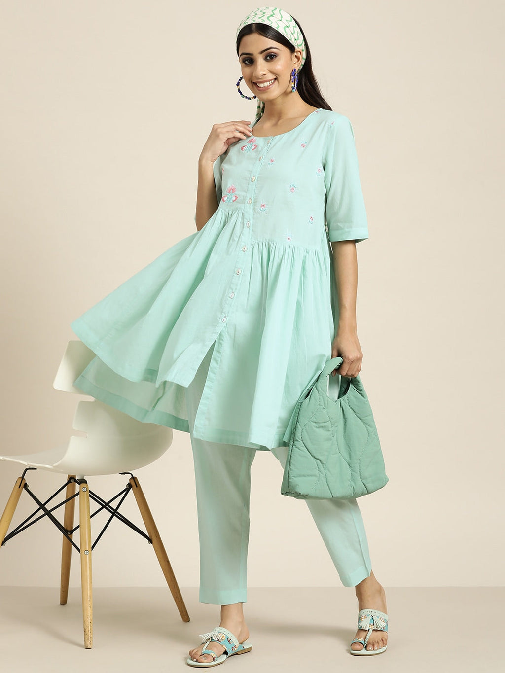Sangria Women Turquoise Blue Floral Embroidered Kurta with Palazzos