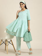Sangria Women Turquoise Blue Floral Embroidered Kurta with Palazzos