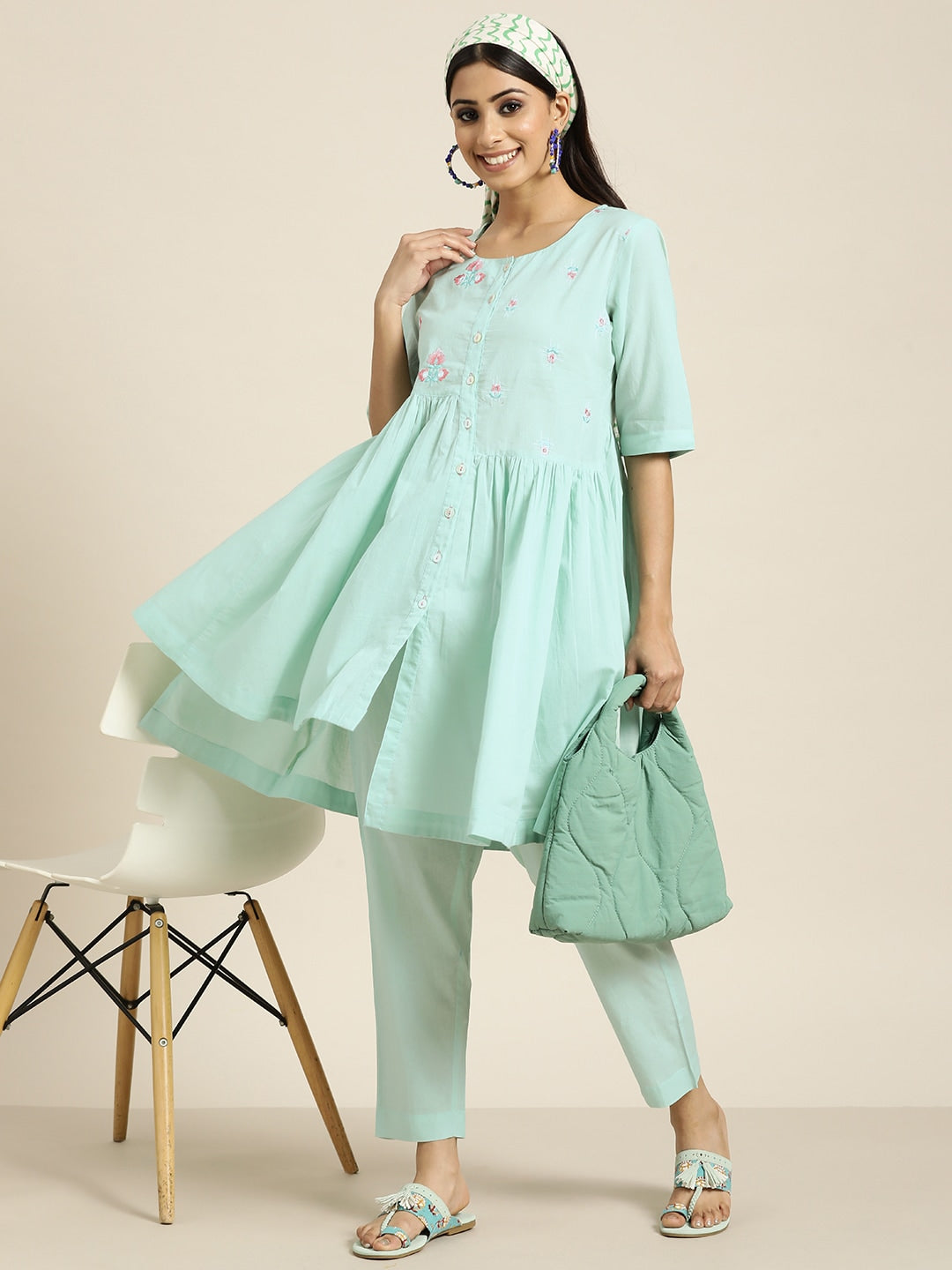 Sangria Women Turquoise Blue Floral Embroidered Kurta with Palazzos