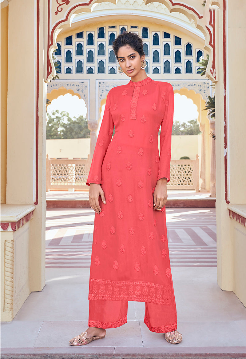 Monjolika Fashion Dark Peach Embroidered Muslin Pant Style Suit - Distacart