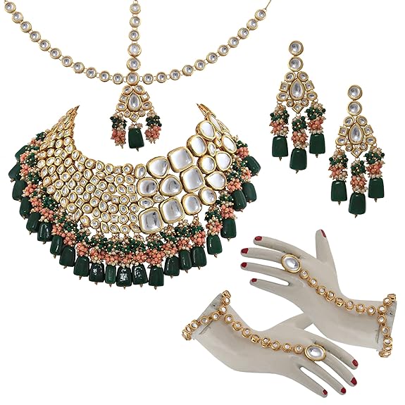 Tehzeeb Creations Gold-Polished Multicolor Kundan Stone/Uncut Kundan/Dibbi Kundan/Meena Kundan/Lucknow Kundan Bridal Set for Girls & Women