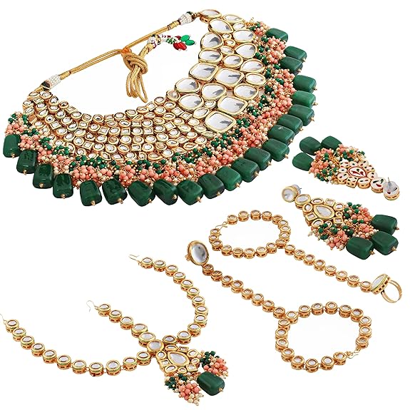 Tehzeeb Creations Gold-Polished Multicolor Kundan Stone/Uncut Kundan/Dibbi Kundan/Meena Kundan/Lucknow Kundan Bridal Set for Girls & Women
