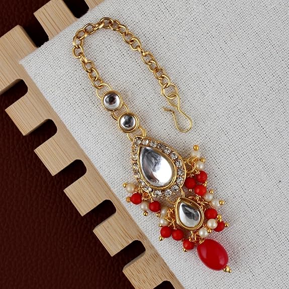 Tehzeeb Creations Gold-Polished White Red Color Tika Earring Necklace Combo Kundan Jewellery Set