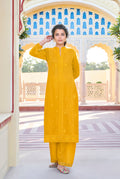 Monjolika Fashion Mustard Embroidered Muslin Pant Style Suit - Distacart